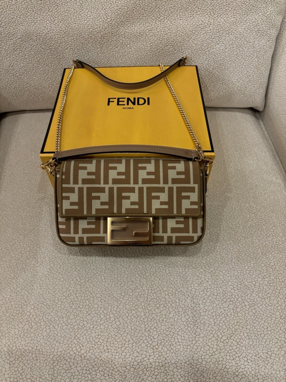 Fendi Tan and Cream FF Logo Shoulder Bag with Gold Hardware
